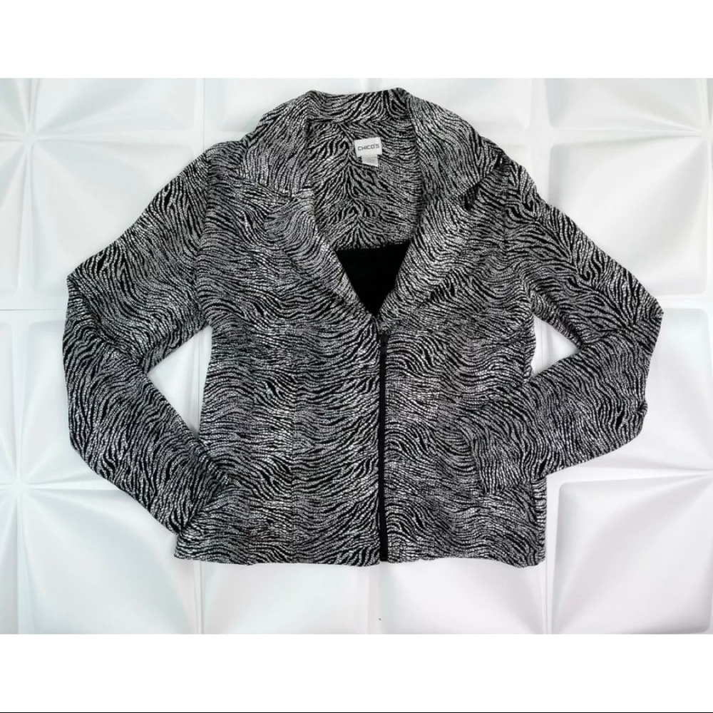 Chico's 2 Sz L Womens Black Metallic Silver Knit Moto Jacket Full Zip Zebra